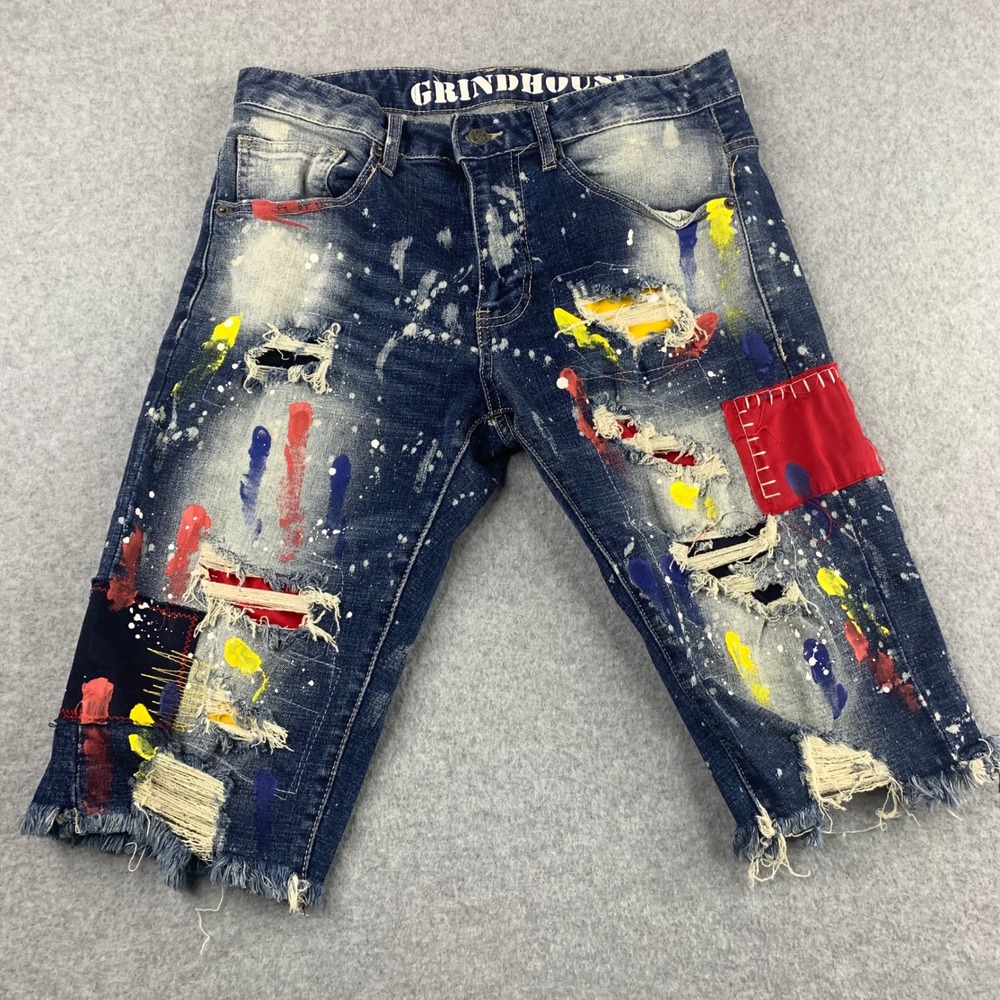 Grindhouse Denim Shorts Mens 30 Blue Paint Splatter Distressed Frayed Hem Street